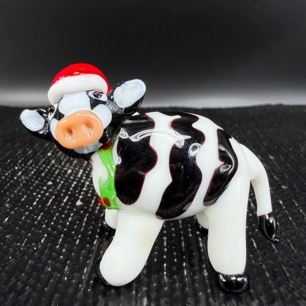 Pier 1 Glass Cow Figurine Santa Hat Christmas Holiday‎ Miniature 3 inch Figure